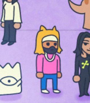 The image features a cartoon character with blonde hair wearing a hat and a pink shirt. The character appears to be standing against a purple background. There are other characters present, including a person dressed as a woman and another person dressed like a man. These characters are also in the same scene as the main character.