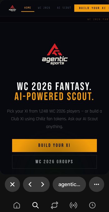 The image features a screenshot of an Agentic Sports' app with a focus on a game called "WCC 2026 Fantasy AI-Powered Scout", which allows users to build their own characters within the game. The text in the screenshot includes information about the game, such as that it's free to play but offers in-game benefits if players hold an in-game token. It also mentions the option to pick up a new character or "pick your first 11 forWC 2026".