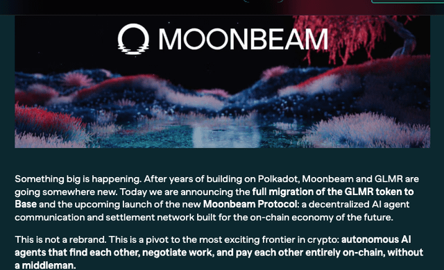A Moonbeam announcement graphic featuring their logo against a cosmic landscape, with text declaring the "full migration of the GLMR token to Base" and the launch of a new "Moonbeam Protocol" for AI agent communication. The image aligns with the post's suggestion that another project is leaving the Polkadot ecosystem, as Moonbeam—one of Polkadot's prominent parachains—appears to be pivoting away to the Base network.
