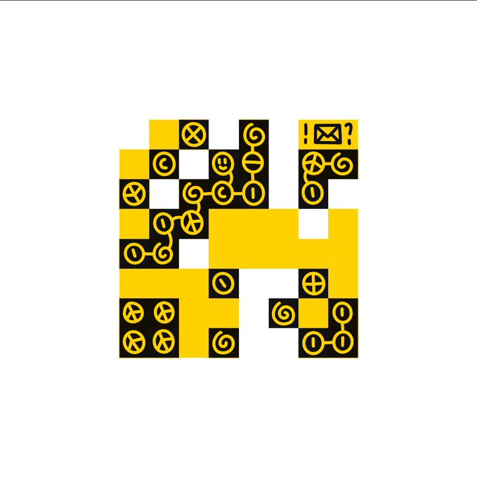 A yellow and black grid-based puzzle resembling a logic or maze game, featuring circular symbols with various icons such as X's, peace signs, and exclamation marks. The post "vredits" suggests the image relates to credits or a scoring system within this puzzle-style game.