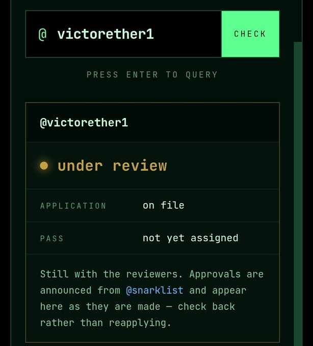 A screenshot of a status checker interface for '@victorether1' showing the application status as 'under review' with the application on file and pass not yet assigned.