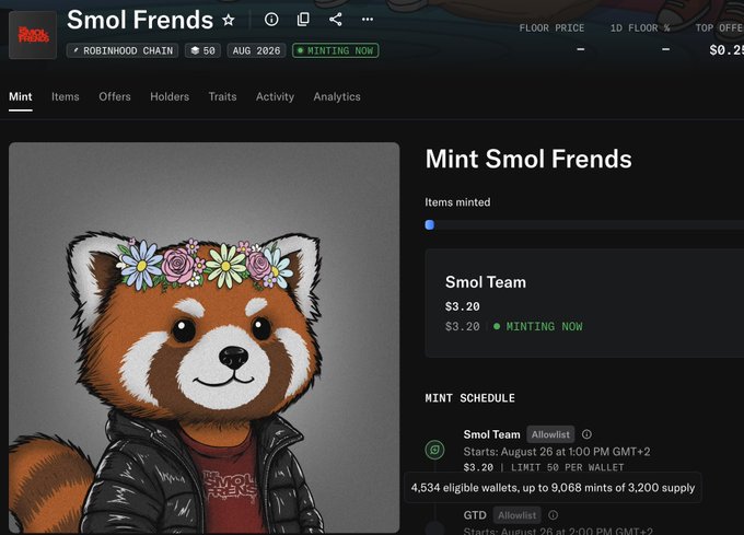 A webpage for 'Smol Frends' on Robinhood Chain showing a minting page for the 'Smol Team' NFT at $3.20, with 4,534 eligible wallets and a supply of 3,200.