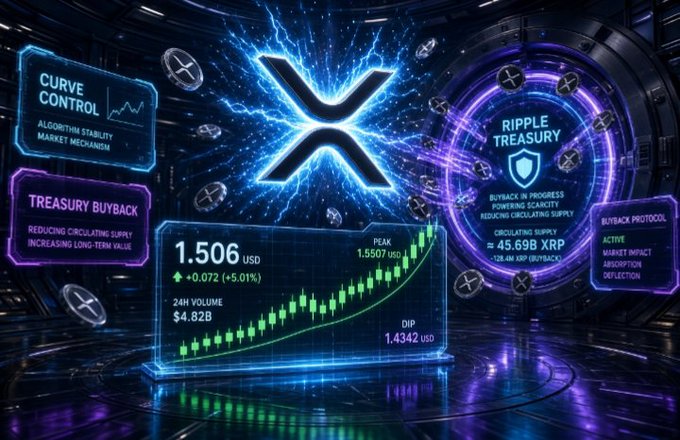A futuristic crypto dashboard displays the XRP logo prominently, with panels labeled 'Curve Control', 'Treasury Buyback', 'Ripple Treasury', and 'Buyback Protocol' showing a price of 1.506 USD and a 24H Volume of $4.82B.
