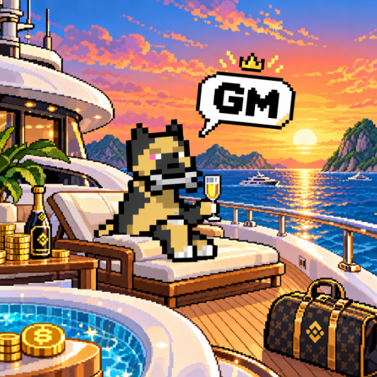 Pixel art depicting a German Shepherd-like dog wearing sunglasses and holding champagne on a yacht deck, with a 'GM' speech bubble, Bitcoin coins, and luxury luggage.