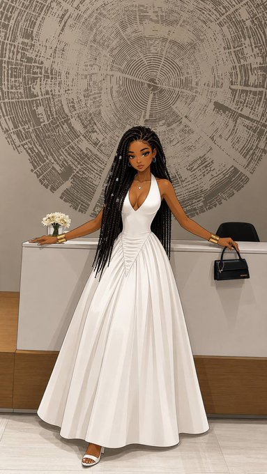 A Black Barbie doll with long braided hair wearing a white gown stands on a counter, holding a small black handbag, with an intricate circular wood-grain artwork displayed on the wall behind her.