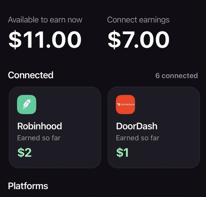 The Earnos app dashboard shows $11.00 available to earn and $7.00 in connected earnings, with 6 connected platforms including Robinhood ($2 earned) and DoorDash ($1 earned) displayed. The image illustrates the app's cashback/rewards interface mentioned in the post, demonstrating how users can accumulate real USD earnings through brand partnerships and onboarding offers.