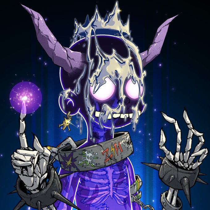 A dark fantasy illustration shows a skeletal figure with large horns, glowing eyes, purple magic, spiked gloves, and a spiked collar bearing colorful graffiti-like markings.