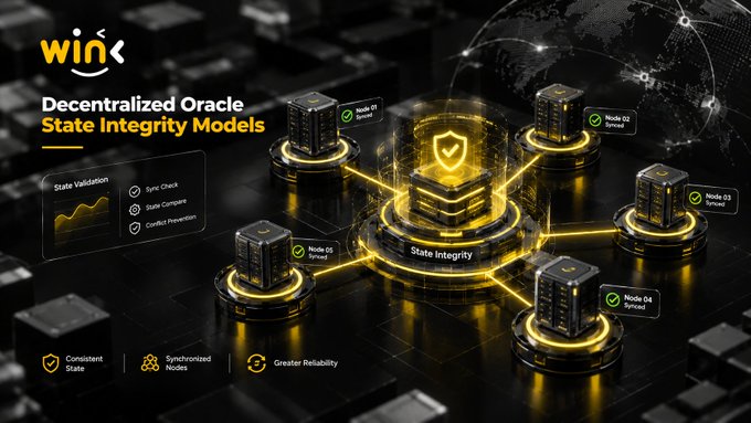 An infographic titled 'Decentralized Oracle State Integrity Models' showing a central glowing 'State Integrity' node surrounded by connected server nodes (Node 01-04), with features listed including State Validation, Sync Check, State Compare, and Conflict Prevention.