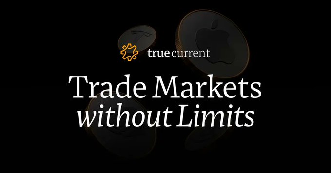 A promotional graphic for TrueCurrent featuring the tagline "Trade Markets without Limits" displayed in elegant serif typography against a dark background, with faint circular emblems of a Bitcoin symbol and Apple logo subtly visible behind the text. The image aligns with the post's message by visually reinforcing the platform's promise of fee-free, unrestricted access to diverse markets like crypto and stocks.