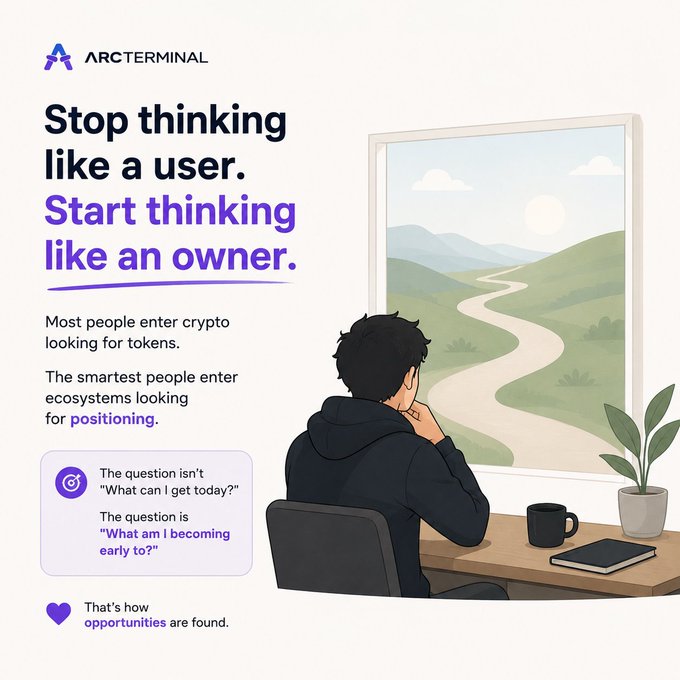 Arcterminal marketing graphic with the headline 'Stop thinking like a user. Start thinking like an owner.', featuring an illustration of a man looking out a window at a winding path.