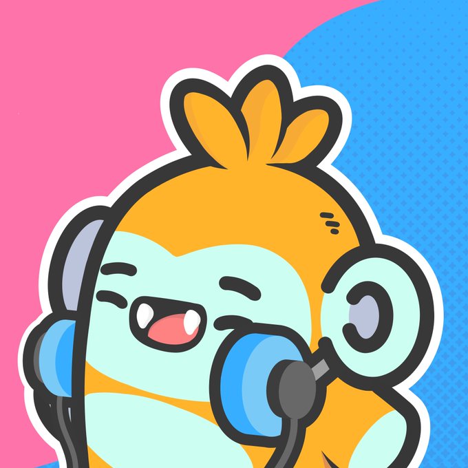 A cartoon illustration of an orange character with a top-knot hairstyle wearing headphones and speaking into a blue microphone, set against a pink and blue background.