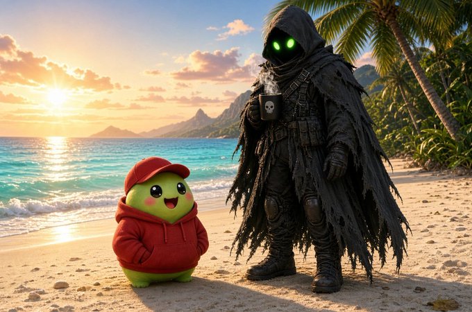 A digital illustration of a cute green creature in a red hoodie and cap standing on a tropical beach next to a tall, cloaked figure with glowing green eyes holding a steaming mug.