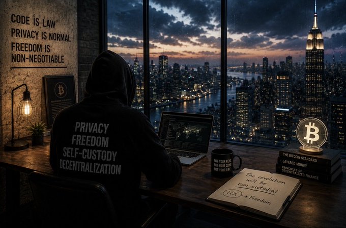 A hooded figure wearing a hoodie reading "PRIVACY FREEDOM SELF-CUSTODY DECENTRALIZATION" works at a laptop overlooking a cityscape at dusk, surrounded by cypherpunk slogans ("CODE IS LAW," "PRIVACY IS NORMAL," "FREEDOM IS NON-NEGOTIABLE"), a glowing Bitcoin symbol, a mug noting "NOT YOUR KEYS NOT YOUR COINS NOT YOUR BITCOIN," and an open journal with "The revolution will be non-custodial" and "UX → Freedom."

The image reinforces the post's core message by visually framing the crypto movement's foundational values—self-custody, privacy, and decentralization—as an ideological project that goes far beyond price speculation, echoing the whitepaper's vision of a peer-to-peer system that offers something fundamentally different from traditional finance.