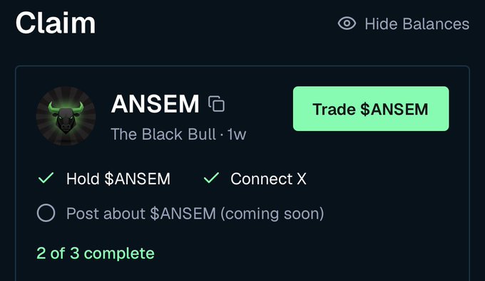 A cryptocurrency claim interface shows an ANSEM token task list titled 'The Black Bull · 1w' with checkmarks for 'Hold $ANSEM' and 'Connect X', showing 2 of 3 complete.