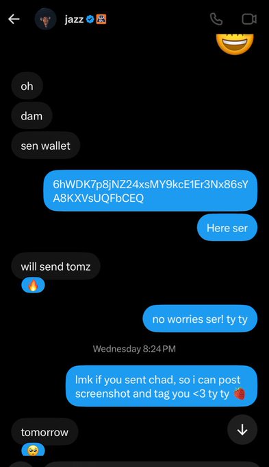 A screenshot of a Twitter/X DM conversation with "jazz" showing the user sharing a crypto wallet address, asking about a payment to "chad," and thanking jazz in advance, with jazz promising to send it "tomz."