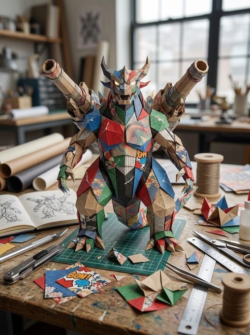 A colorful papier-mâché mecha figure with shoulder-mounted cannons stands on a craft table surrounded by scissors, thread spools, an open sketchbook, and paper scraps.