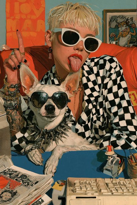 A stylized digital painting of a person with short blonde hair wearing white-framed sunglasses and a black-and-white checkered jacket, sticking their tongue out while making a peace sign. They sit with a white Chihuahua wearing sunglasses and a spiked collar, surrounded by a keyboard, comic book, and yellow mug.