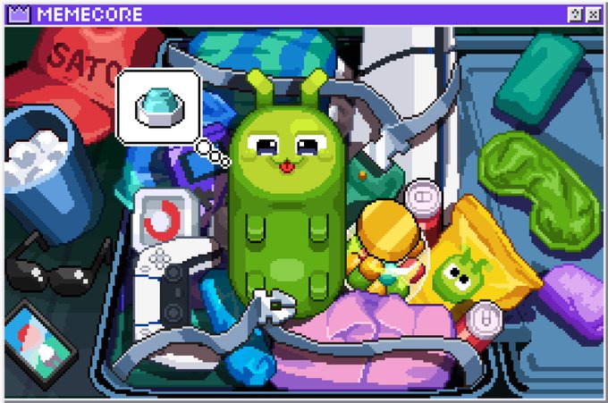 A pixel-art image styled as a Windows window titled 'MEMECORE' shows a green Android-like character surrounded by various items including a satellite, coins, and a packet labeled with a pickle.