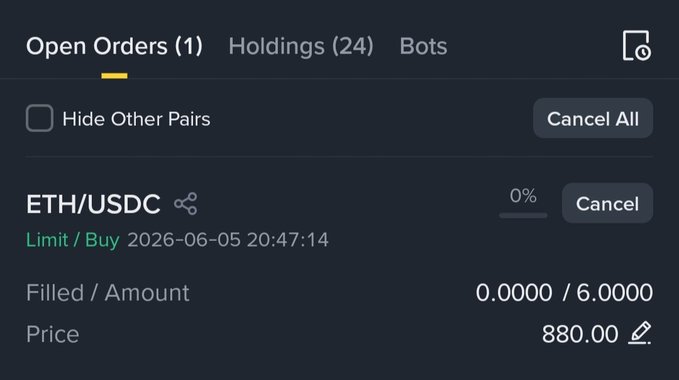The image shows a computer screen displaying information about an online trading account, with a focus on theETH/USDC bot that has been purchased. The text says "Just placed an order for 6 eth at price $880". This suggests that the user has recently completed an order and is waiting for their investment to be processed through.