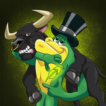 A cartoon illustration showing a green frog wearing a top hat holding a Solana logo coin, with a fierce black bull behind it on a dark green background.