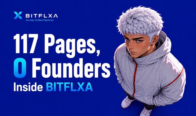 A stylized character in a white jacket stands beside bold text reading "117 Pages, 0 Founders Inside BITFLXA," highlighting the irony that Bitflxa's whitepaper boasts 117 pages yet lists zero founders, underscoring the post's skepticism about the project's transparency and leadership despite its ambitious pitch of a single app for endless blockchain payments.