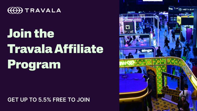 The image features an advertisement for a Travala affiliate program, which suggests that users can make money by promoting products or services at trade shows or events. The text of the ad highlights this opportunity with phrases such as "join the TRAVALA Affiliate Program", "get up to 5.5% free to join", and "jump ship now". The advertisement includes a close-up shot of some people walking around, emphasizing the social aspect of trade shows or events. This image could be used as an eye-catching element in a digital marketing campaign promoting the benefits of joining the TRAVALA Affiliate Program.