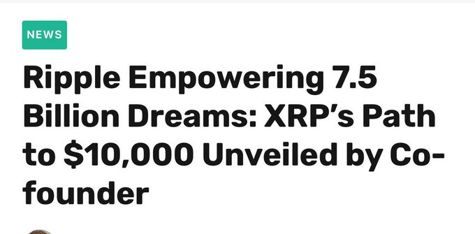 A news headline graphic titled "Ripple Empowering 7.5 Billion Dreams: XRP's Path to $10,000 Unveiled by Co-founder," promoting a speculative claim that XRP will reach $10,000, which the accompanying post uses to hype an unrelated XRP Ledger-based token called #XPUMP and its pre-sale.