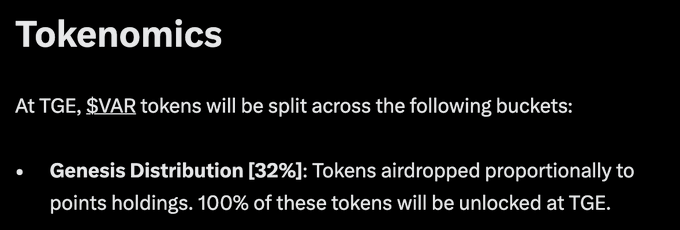 A 'Tokenomics' slide explains that at TGE, $VAR tokens will be split, with 32% allocated to 'Genesis Distribution' as airdrops proportional to points holdings, 100% unlocked at TGE.