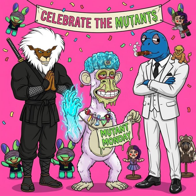 A vibrant pink illustration titled "CELEBRATE THE MUTANTS" featuring various cartoon characters, including a ninja lion, a blue-suited figure, a monkey in a white suit, and a "MUTANT MONDAY" banner.