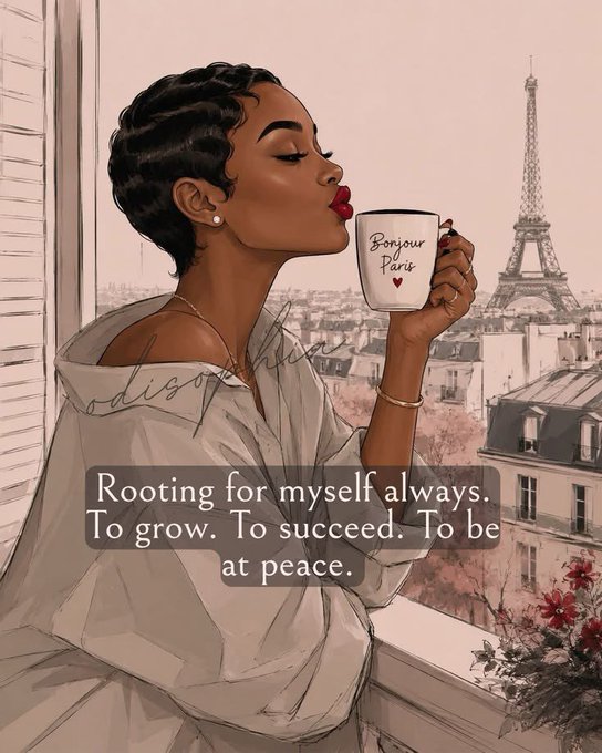 Illustration of a woman in a white robe drinking from a 'Bonjour Paris' mug with the Eiffel Tower in the background, overlaid with text: 'Rooting for myself always. To grow. To succeed. To be at peace.'