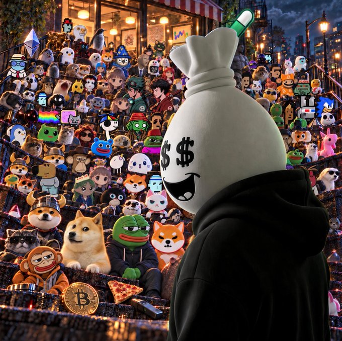 A large money bag character with a $$ face and a green sprout on top, wearing a hoodie, looking out over a crowd filled with various internet meme characters including Doge, Pepe, and Shiba Inu.