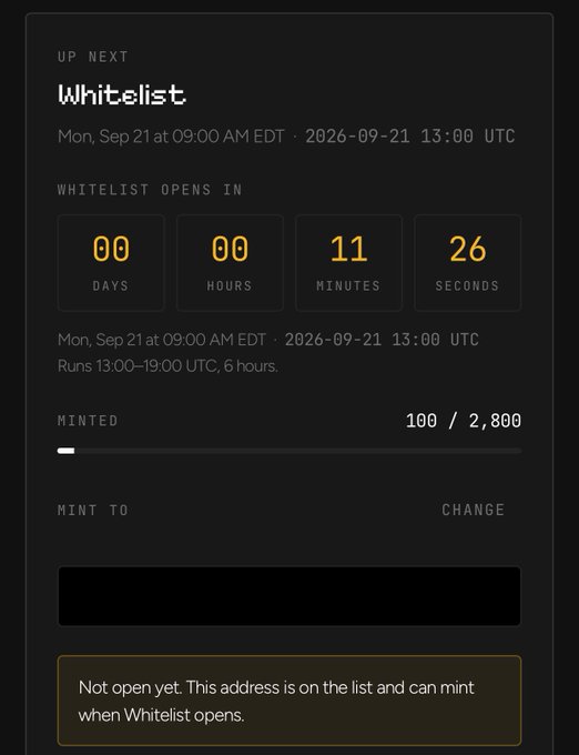A dark-themed NFT minting interface showing 'UP NEXT: Whitelist' with a countdown timer at 11 minutes 26 seconds, scheduled for Mon, Sep 21 at 09:00 AM EDT, with 100/2,800 minted.