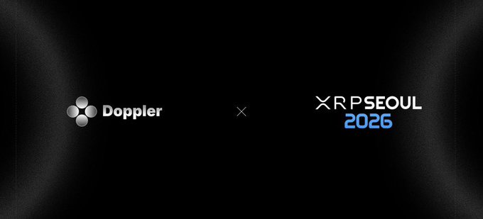 The image features a collaboration announcement with the text "Doppler × XRP SEOUL 2026," visually linking the two brands against a dark background. The partnership graphic aligns with the post announcing that Doppler will participate in Korea Blockchain Week as part of the XRP Seoul 2026 conference.