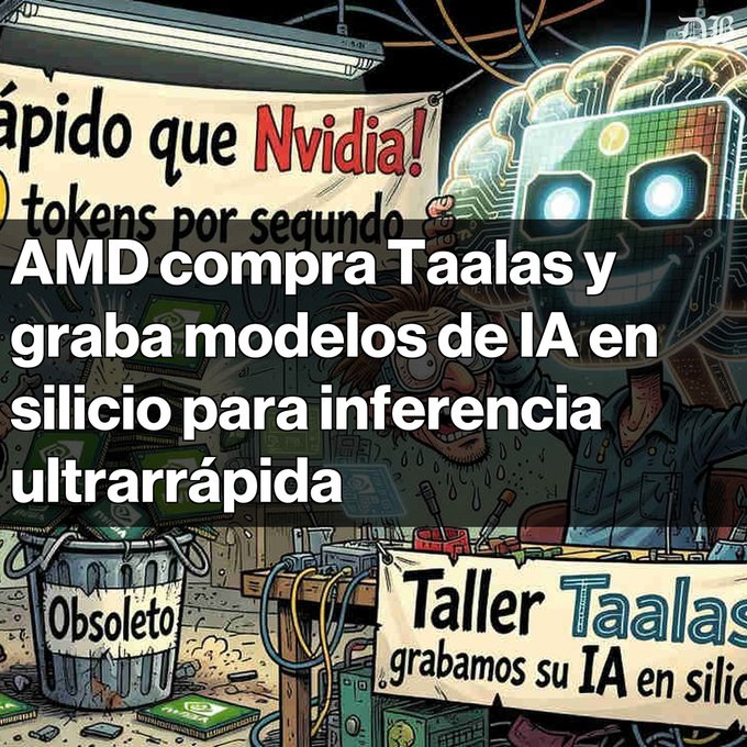 The image is a Spanish-language cartoon showing a workshop labeled "Taller Taalas" where AI models are being "grilled" onto silicon chips, with a banner advertising "Más rápido que Nvidia!" (Faster than Nvidia!) and 17,000 tokens per second. An "Obsoleto" (obsolete) trash bin sits nearby. Overlaid text announces "AMD compra Taalas y graba modelos de IA en silicio para inferencia ultrarrápida" (AMD buys Taalas and records AI models on silicon for ultra-fast inference).

The image illustrates the post's claim of blazing-fast AI inference speeds (~17k tokens/sec), suggesting this performance leap could enable real-time use cases like live computer control.