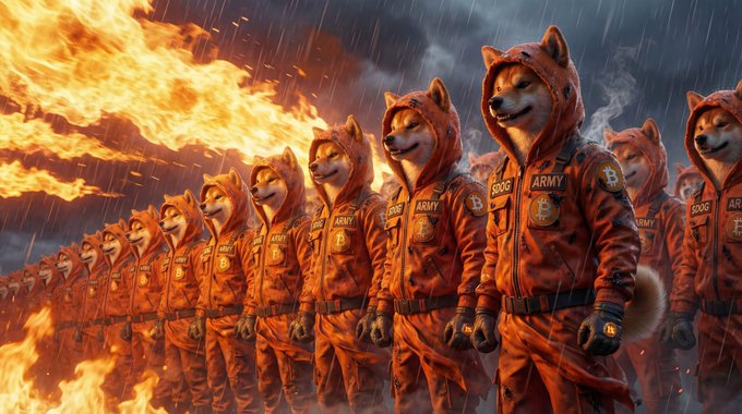 A digital artwork of anthropomorphic Shiba Inu dogs wearing orange Bitcoin/Bobby 'ARMY' hooded jumpsuits standing in a fiery rainstorm.