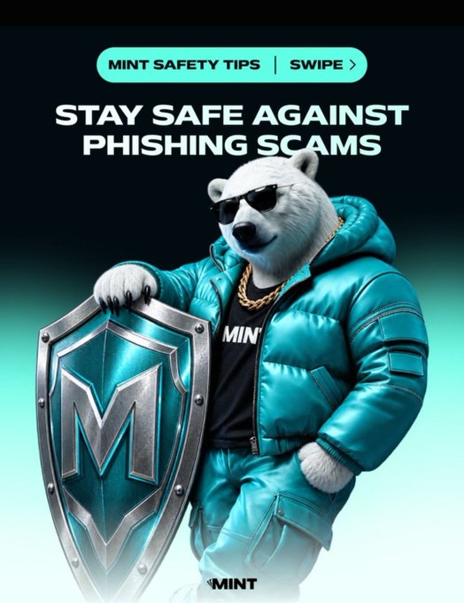 An advertisement featuring a polar bear in sunglasses and a turquoise puffer jacket holding a shield with the letter 'M', titled 'STAY SAFE AGAINST PHISHING SCAMS' under 'MINT SAFETY TIPS'.