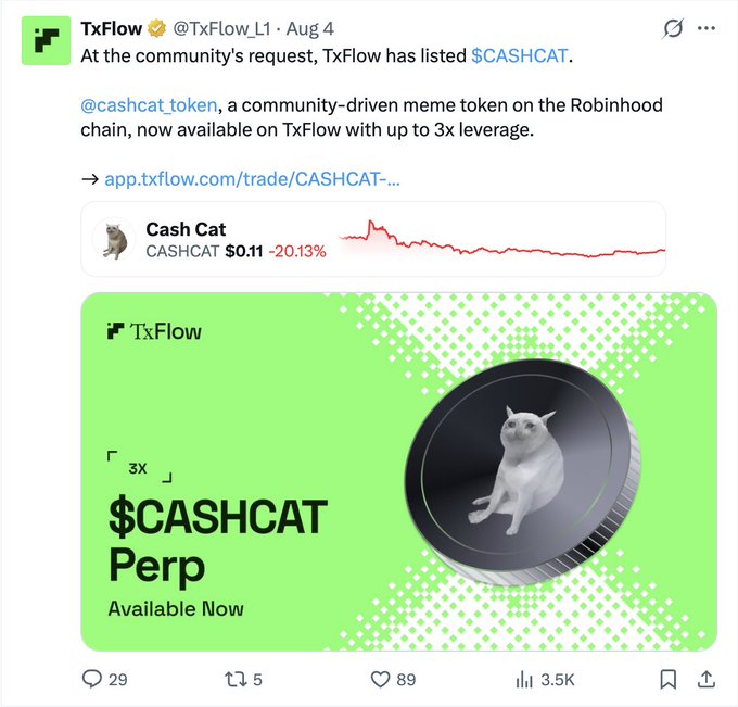 A screenshot of a tweet from @TxFlow_L1 announcing the listing of $CASHCAT, described as a community-driven meme token on the Robinhood chain, showing a price drop of -20.13%.