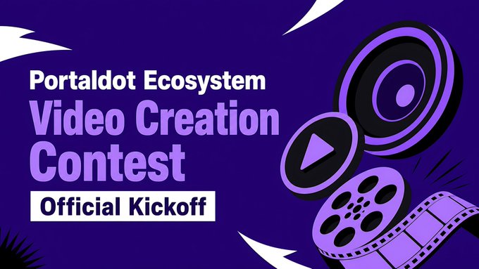 A purple promotional graphic announcing the 'Portaldot Ecosystem Video Creation Contest Official Kickoff' with stylized illustrations of a speaker, play button, film reel, and filmstrip.