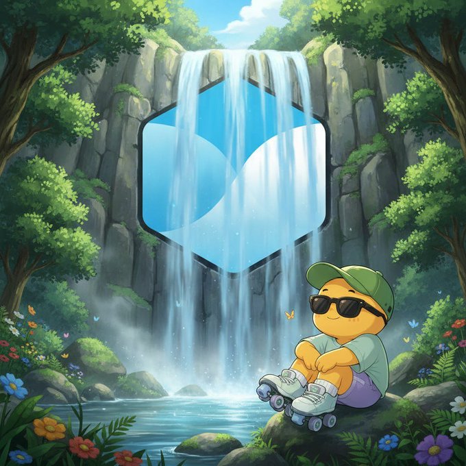 An illustrated scene of a cartoon character wearing sunglasses and a green cap, sitting on a rock beside a waterfall with a large blue logo behind it.