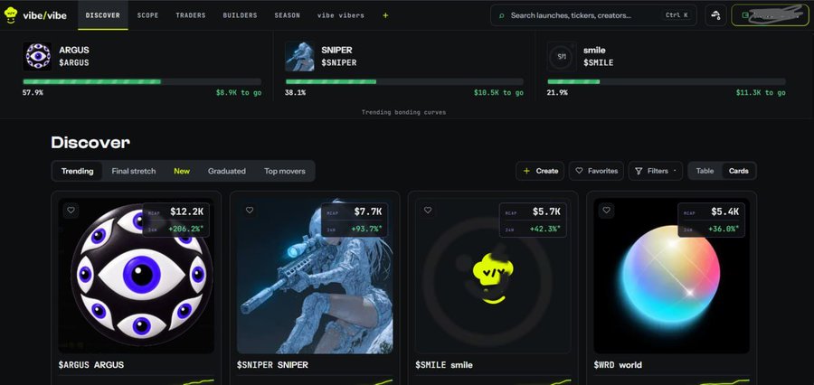 Screenshot of the vibe.vibe platform's Discover page, showing trending token bonding curves for $ARGUS, $SNIPER, $SMILE, and $WRO with their respective market caps and progress.