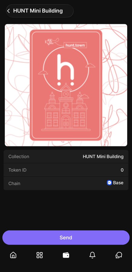 A mobile app screen showing an NFT titled 'HUNT Mini Building' from the hunt.town collection on the Base chain, with a pink illustrated card featuring a building and a lowercase 'h' logo, and a purple 'Send' button at the bottom.