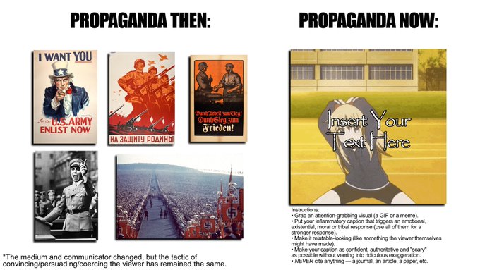 An infographic comparing "PROPAGANDA THEN" (showing historical posters like Uncle Sam "I WANT YOU" and Soviet imagery) with "PROPAGANDA NOW" (a meme template with instructions for creating attention-grabbing visuals).