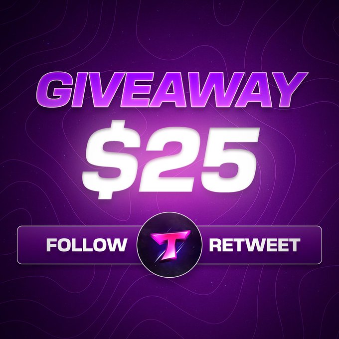 A promotional graphic with a purple wavy background advertises a "$25 GIVEAWAY," instructing participants to "FOLLOW" and "RETWEET" with a stylized "T" logo between the words, corresponding to the caption announcing a 72-hour giveaway for $25.