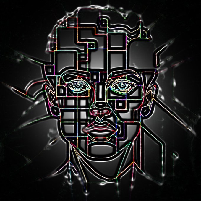 A stylized digital portrait of a face composed of circuit board-like geometric lines and patterns against a black background.