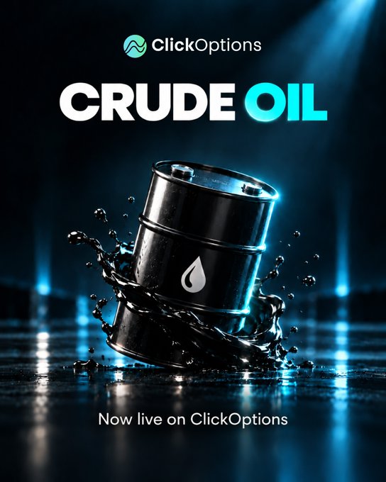A promotional graphic for 'ClickOptions' featuring a black oil barrel splashing with dark liquid, with the text 'CRUDE OIL' and 'Now live on ClickOptions'.