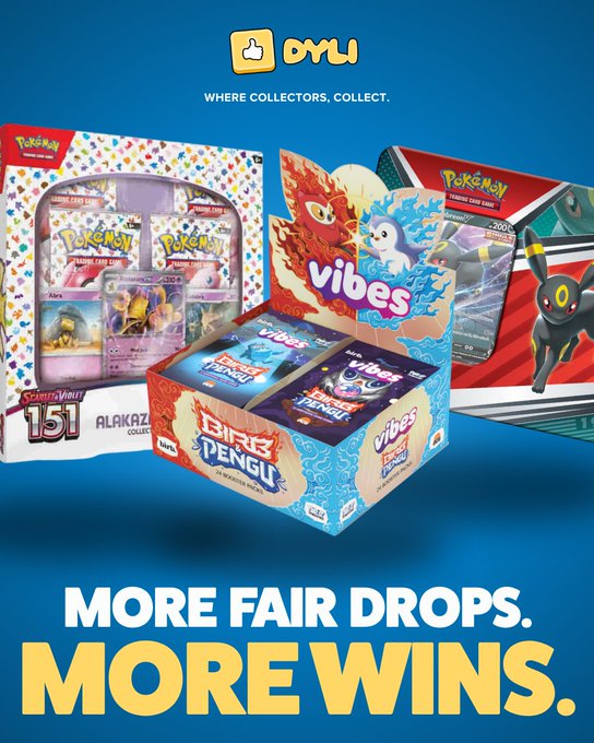 Promotional advertisement for 'OVU' featuring Pokémon trading card game products including the Scarlet & Violet 151 Alakazam collection and the Vibes Birds & Pengu booster box, with text reading 'WHERE COLLECTORS, COLLECT' and 'MORE FAIR DROPS. MORE WINS.'