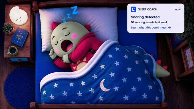 An identical overhead illustration to a previous image, showing a green character sleeping with a 'SLEEP COACH - Snoring detected.' notification visible.
