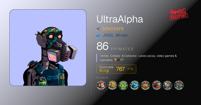 A user profile card for 'UltriAlpha' showing a cybernetic primate avatar with '86 PRIMATES', a 'Concrete King' badge worth '767 PTS', spaceape affiliation, and 'Primate's Passport' stamps.