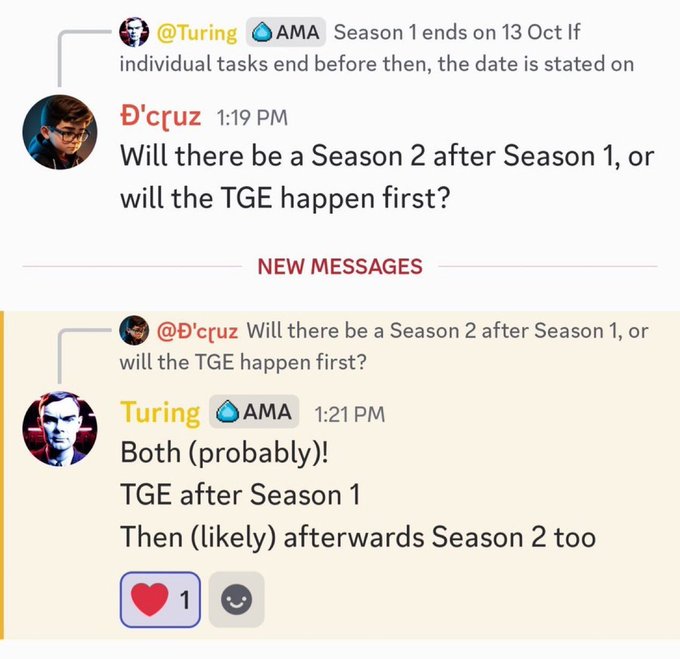 A Telegram chat snippet showing user "D'cruz" asking about Season 2 and TGE, with "Turing" responding, "Both (probably)! TGE after Season 1 Then (likely) afterwards Season 2 too"
