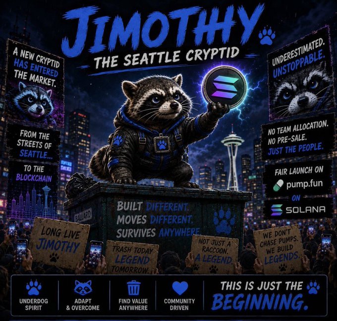 Promotional artwork for 'JIMOTHY THE SEATTLE CRYPTID' meme coin featuring a raccoon holding the Solana logo, advertising a fair launch on pump.fun with slogans like 'BUILT DIFFERENT', 'UNDERESTIMATED. UNSTOPPABLE.', and 'THIS IS JUST THE BEGINNING.'